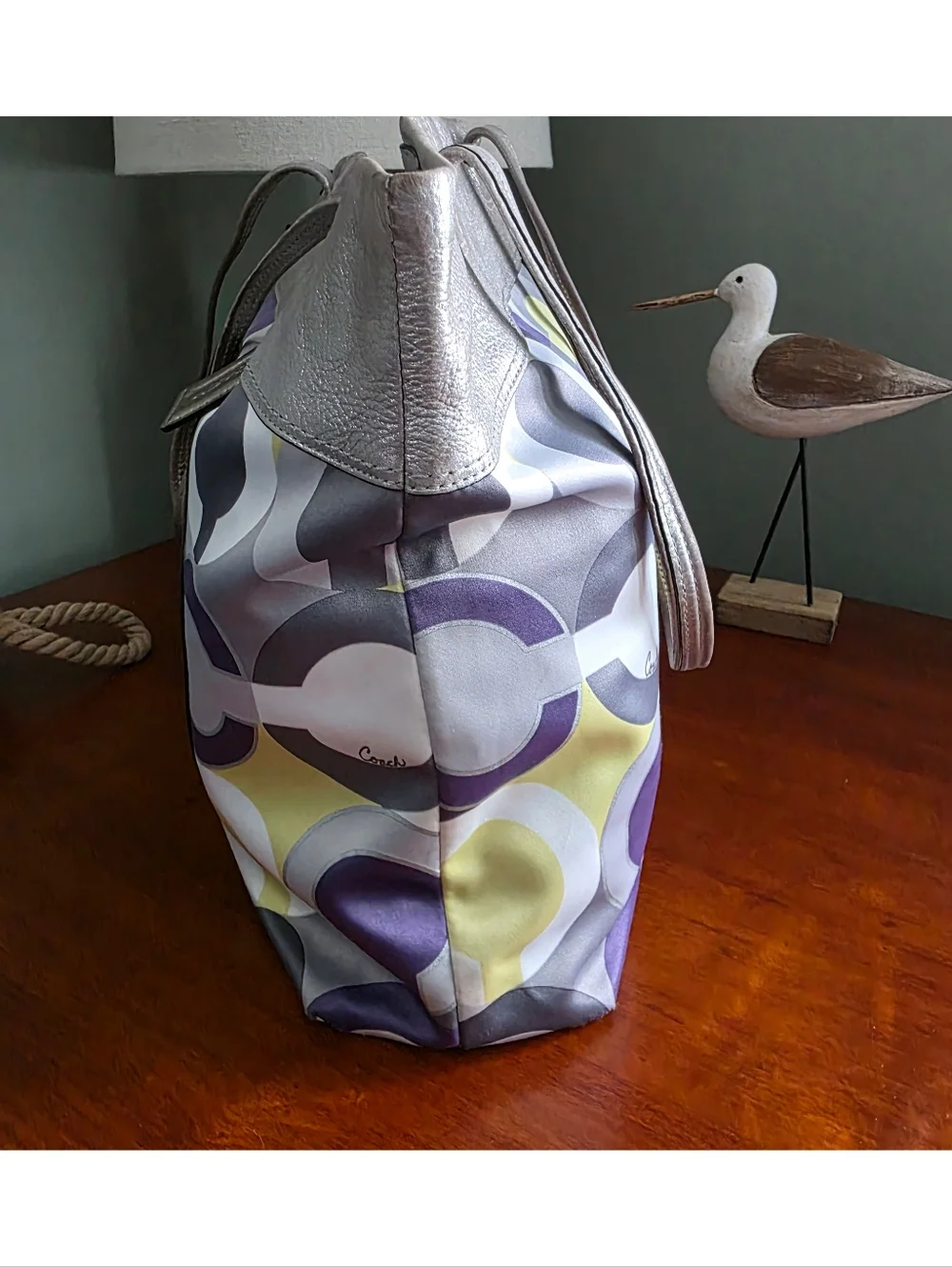 Coach 14970 Julia Op Art Silver Lavender Sateen Leather Tote Bag Y2K - Picture 2 of 16